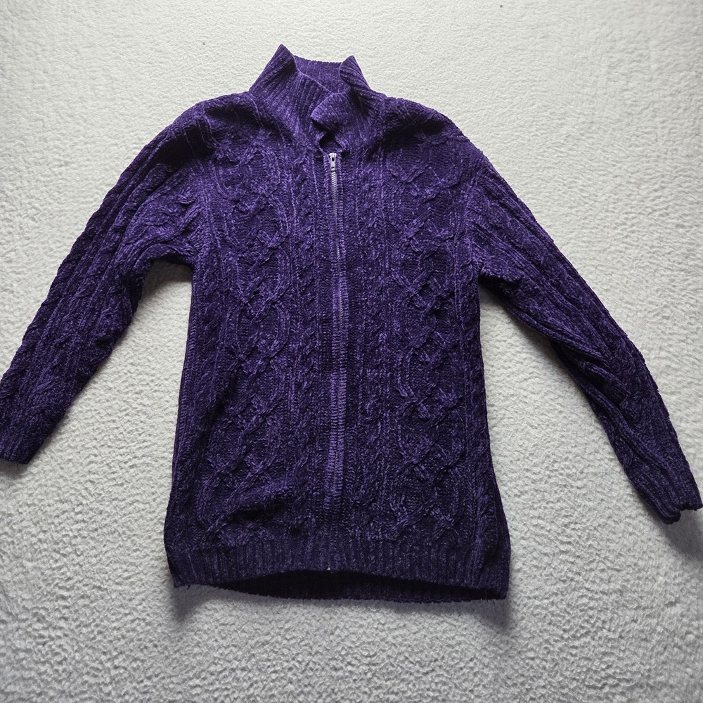 Stitches In Time Sweater Womens Small Purple Mock Neck Full Zip Cable Knit